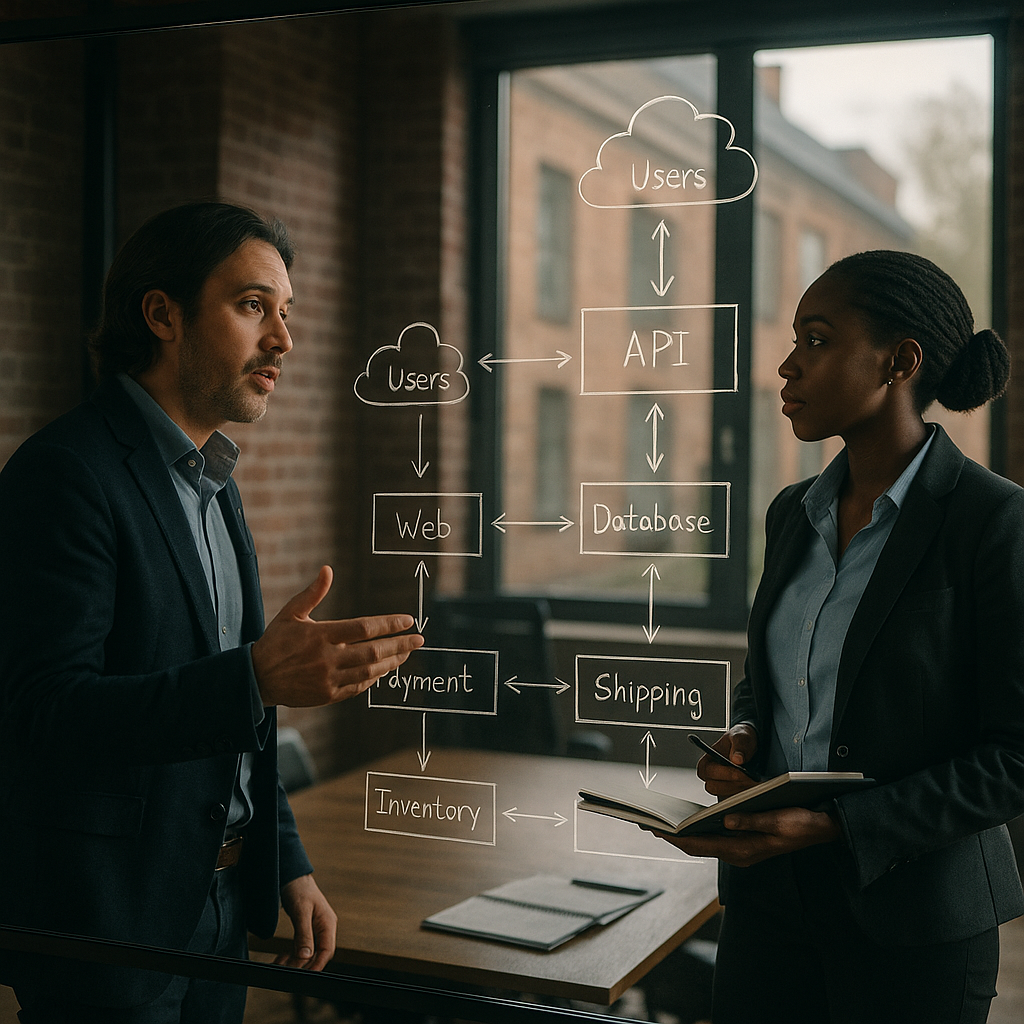 UK professionals planning the best ecommerce platform for a growing business on a whiteboard