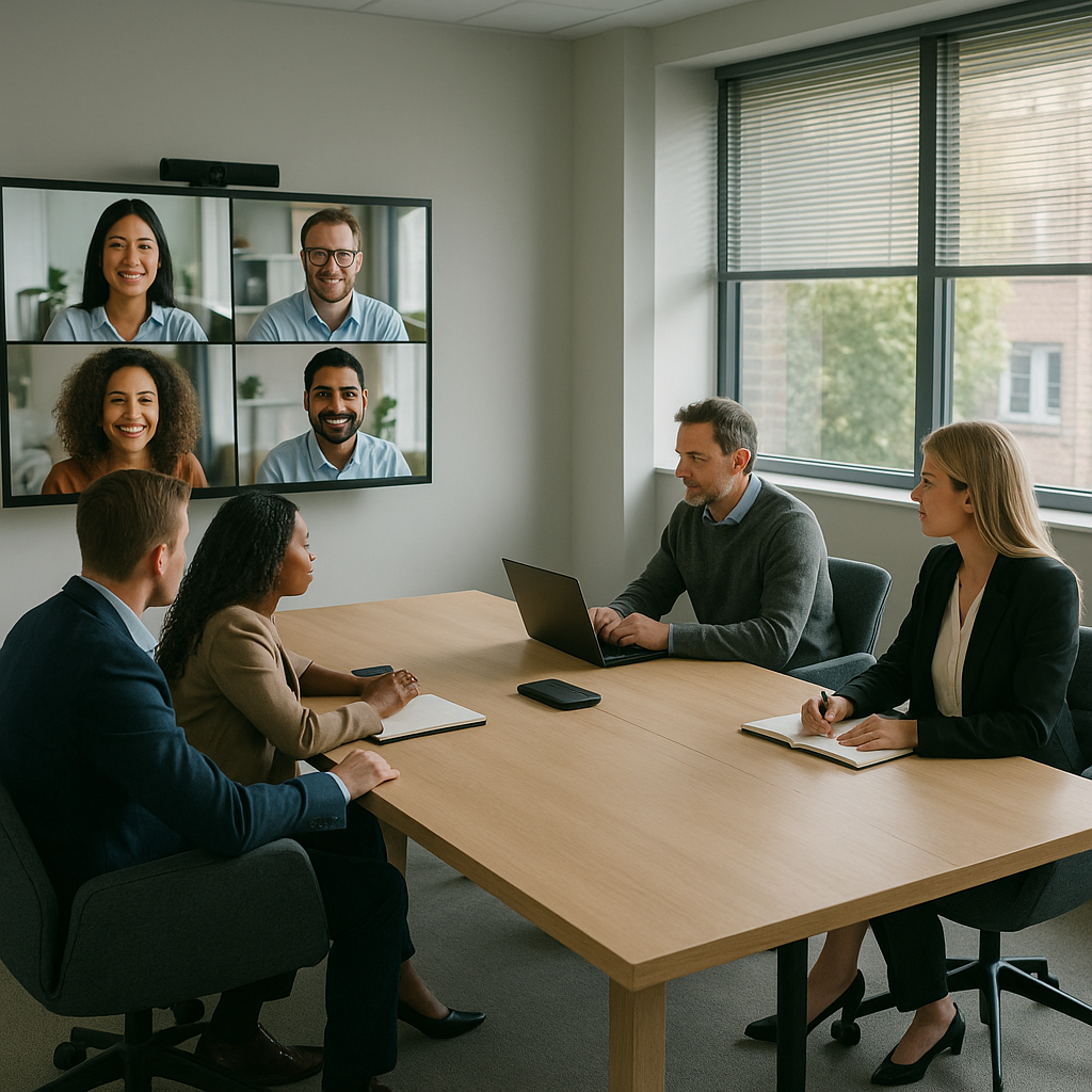 Hybrid meeting room in a UK office as part of well designed hybrid workspaces