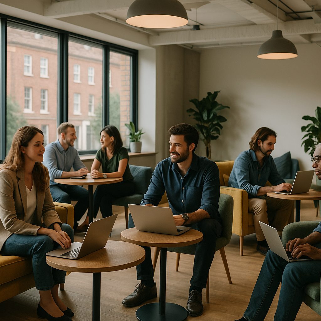 UK professionals networking in a breakout area that forms part of flexible hybrid workspaces