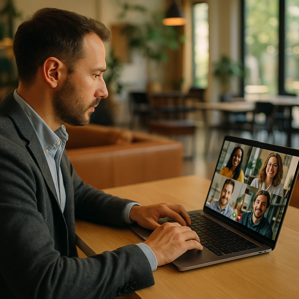 Business professional on a video call with their personal advisory board in a UK coworking space