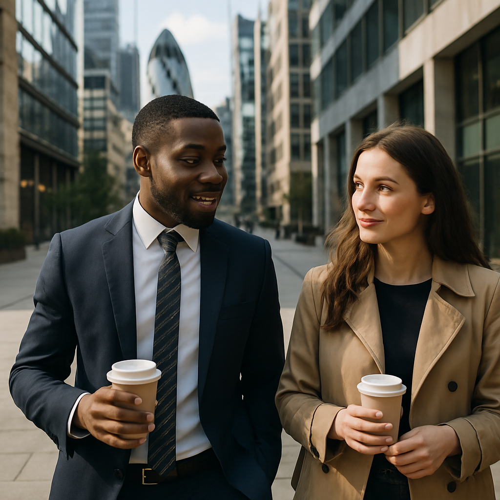 Mentor and mentee discussing goals for a personal advisory board in a UK business district