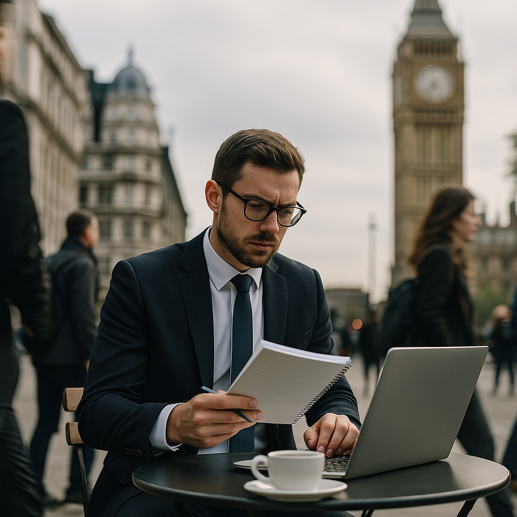 Business professional reviewing daily priorities in a London cafe, focusing on everyday micro habits for business success