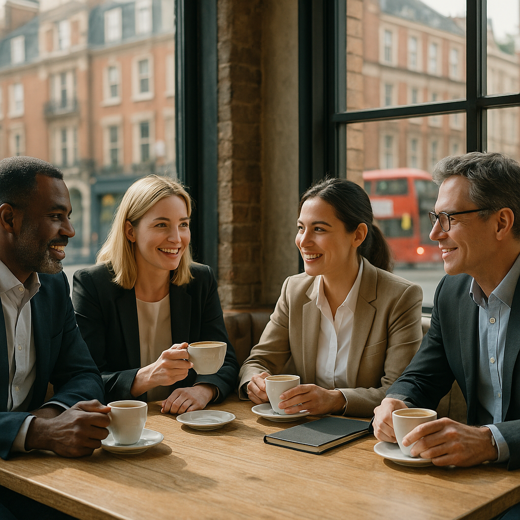 Small group meeting in a cafe discussing how to build a powerful business network