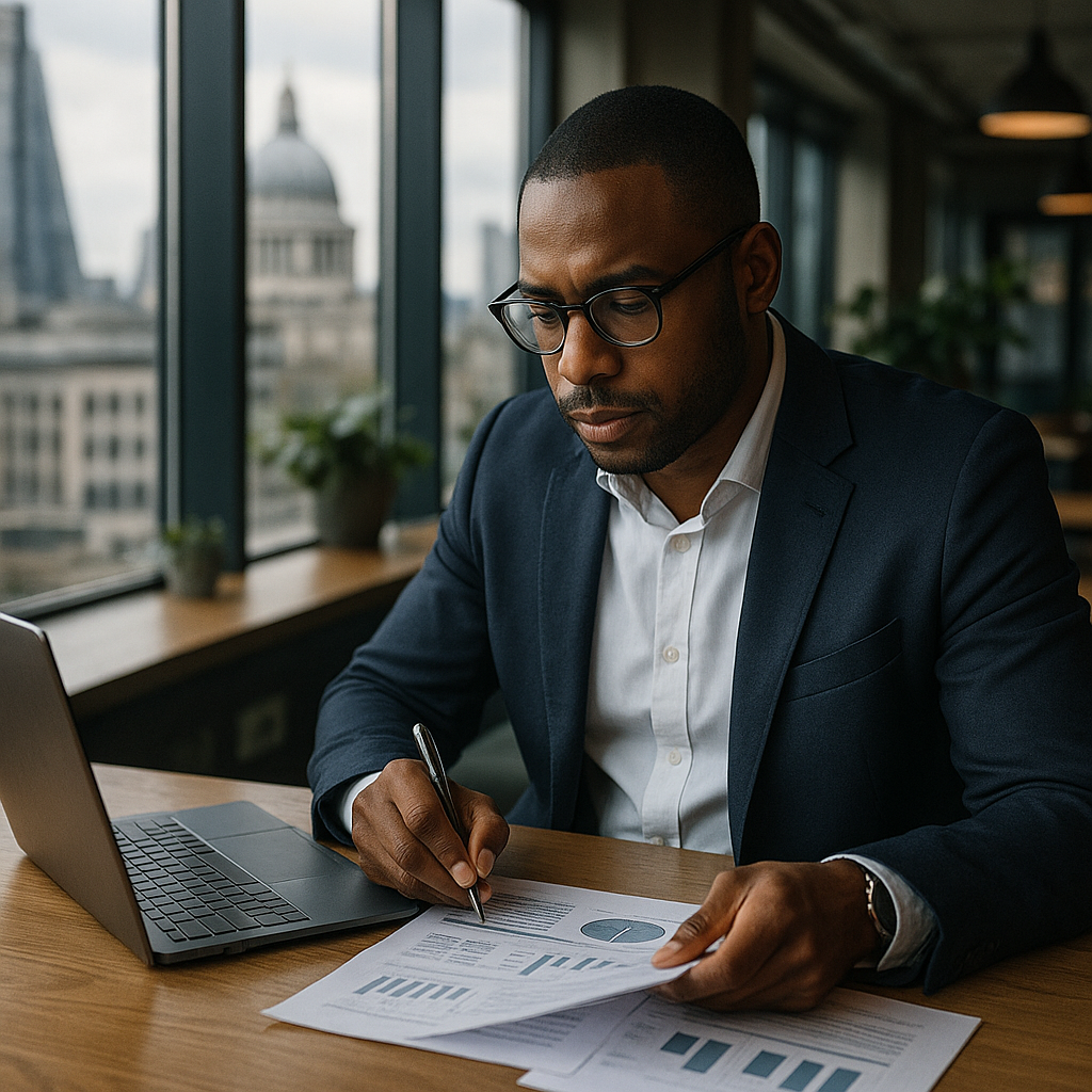 UK entrepreneur in a co working space reviewing ideas to stay inspired in business