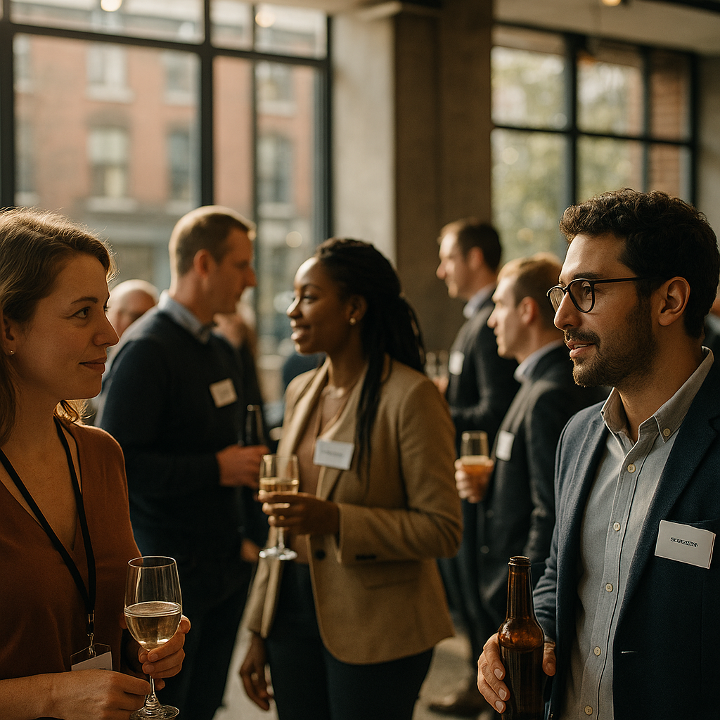 Professionals at a UK networking event sharing insights on how to stay inspired in business