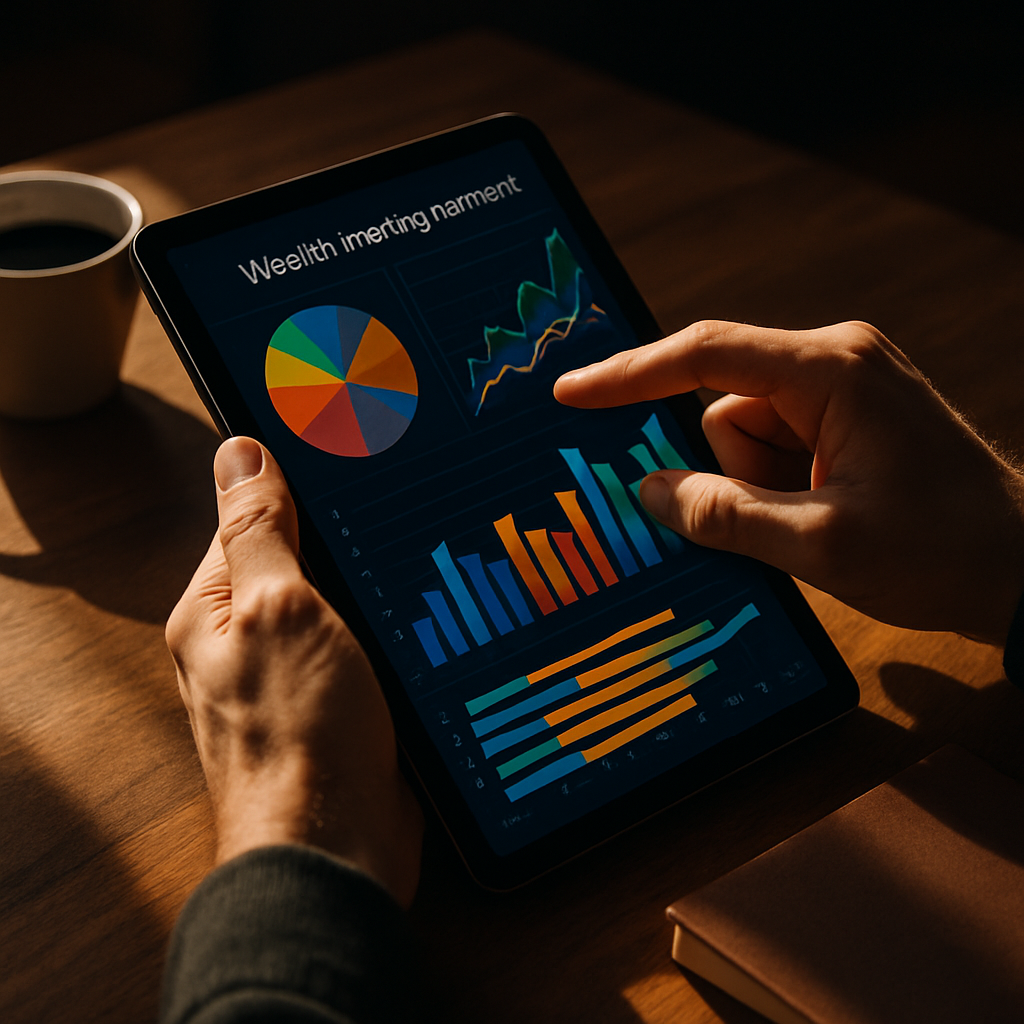 Close-up of a tablet displaying AI financial planning tools wealth analytics and investment data