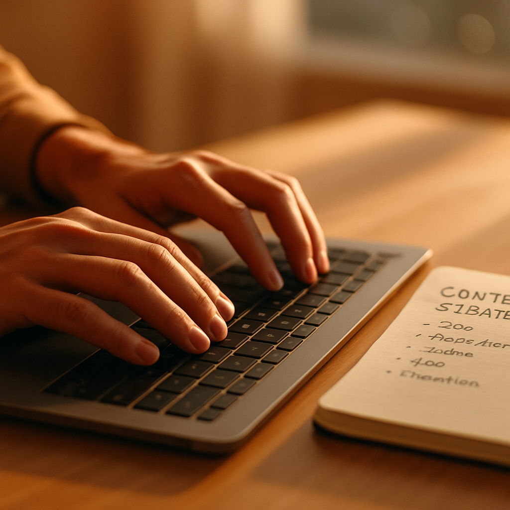 Close-up of hands typing a LinkedIn personal branding content post at a desk with strategy notes