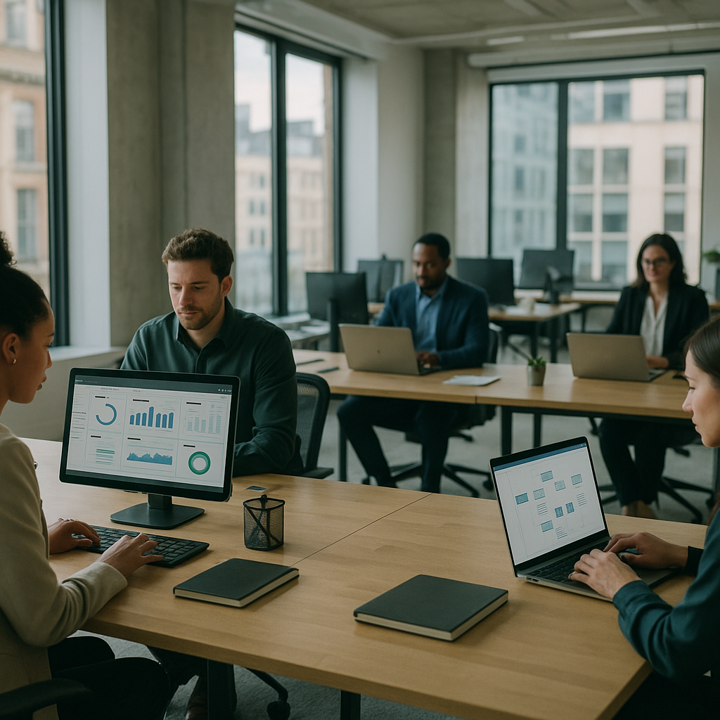Business team reviewing business process automation cost reduction workflows in a modern UK office