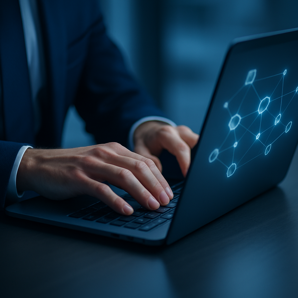 Close-up of hands working on a laptop illustrating blockchain for B2B contracts technology in use