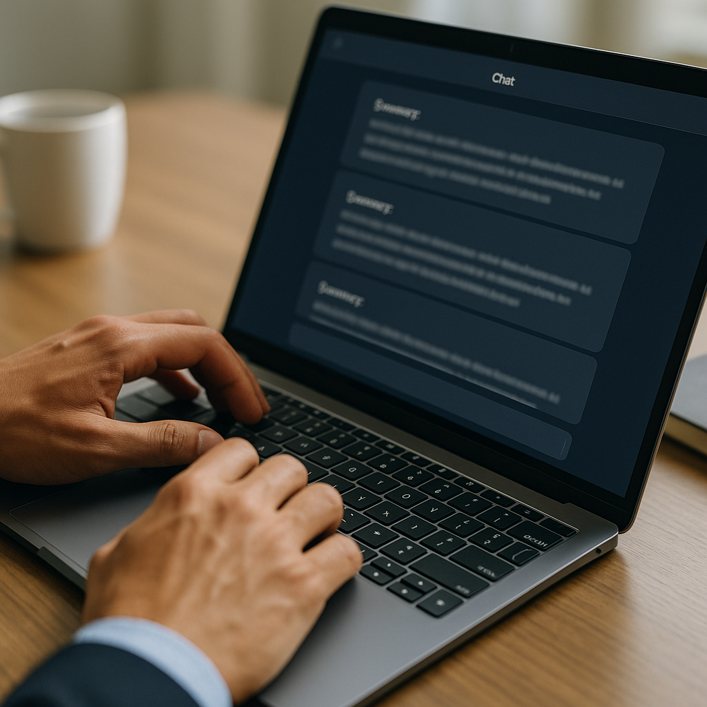 Close-up of professional reviewing AI-generated content to automate business communication with AI