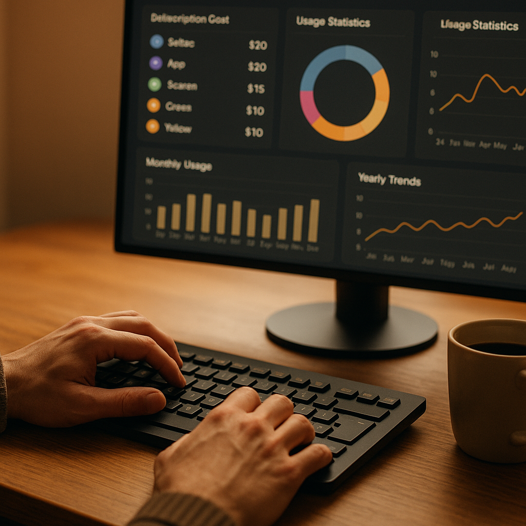 Close-up of SaaS audit dashboard showing subscription usage data on a business monitor