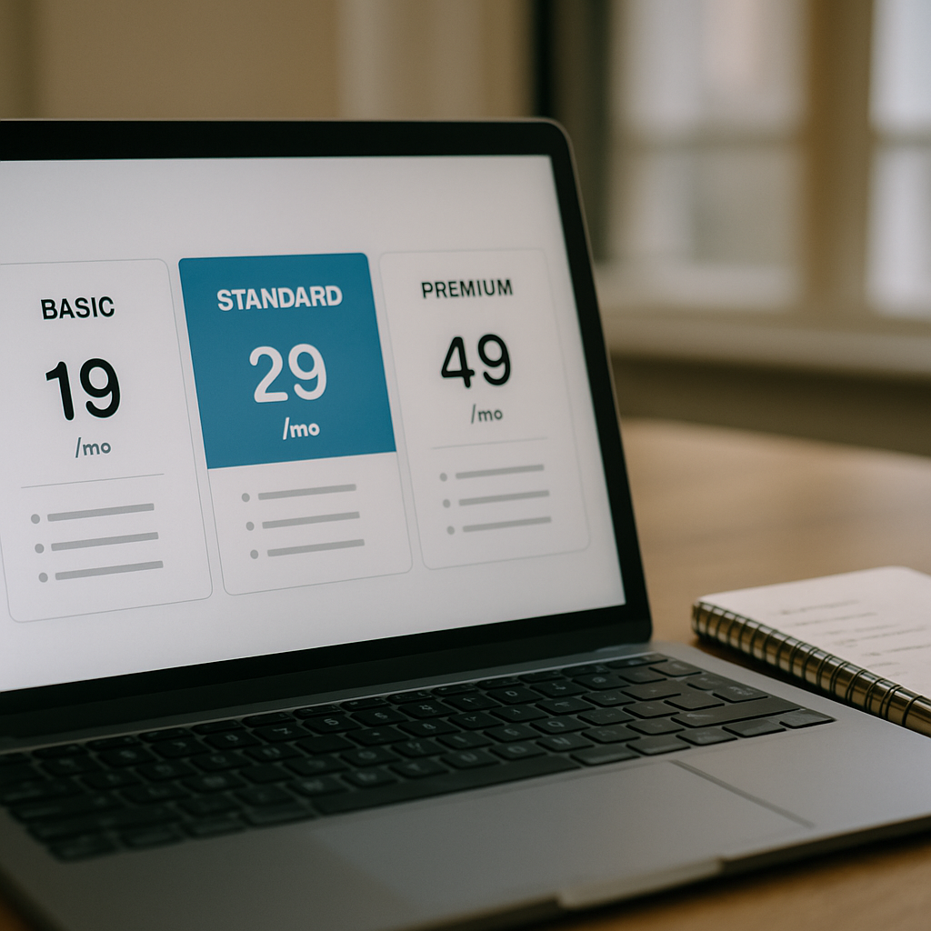 Laptop showing fixed-price service packages used by productised services UK freelancers
