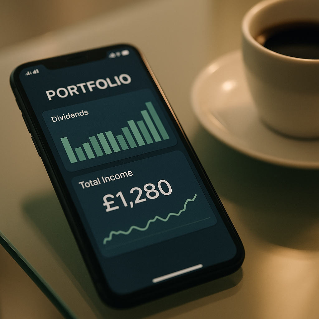 Smartphone showing dividend investment dashboard as part of passive income streams for business owners