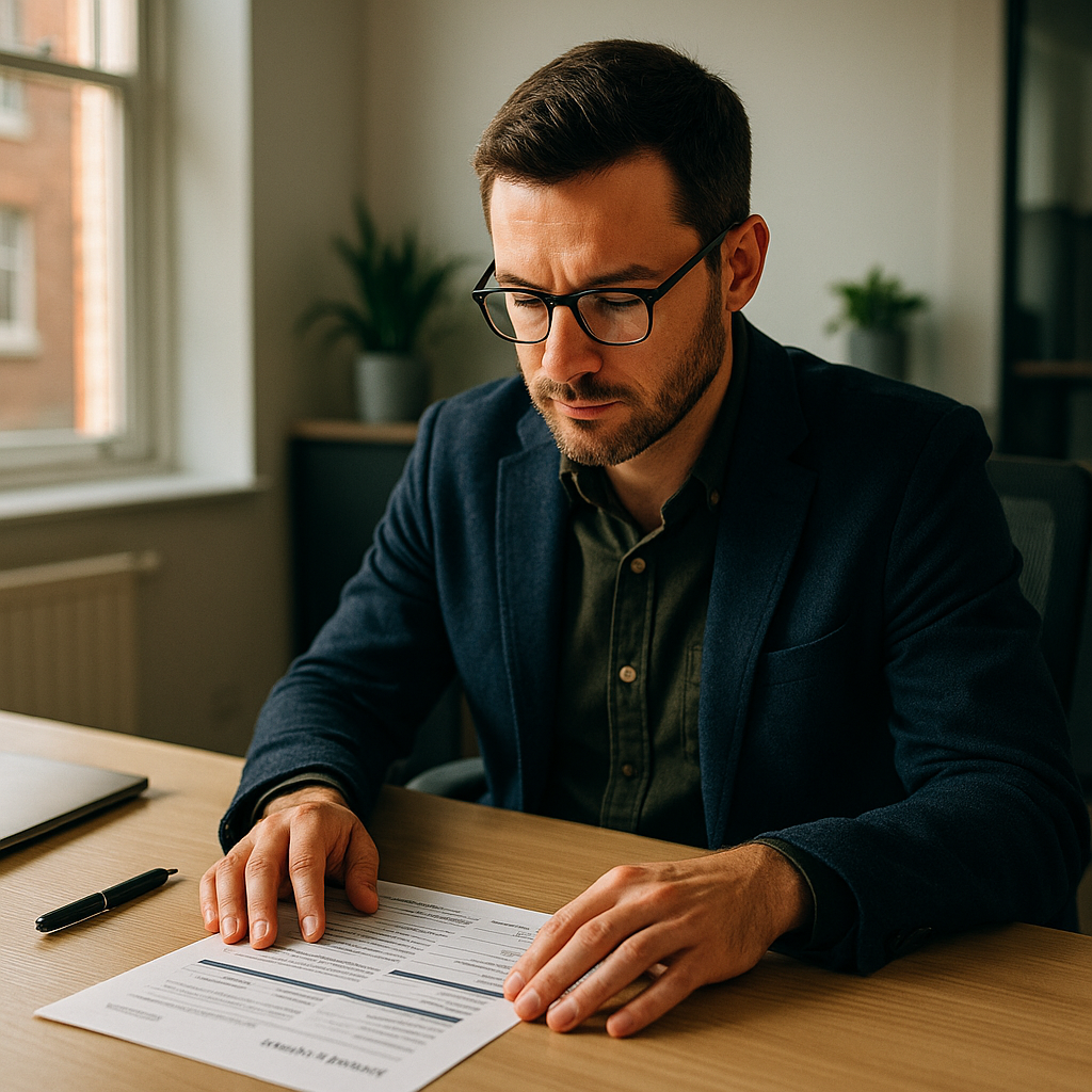 UK consultant reviewing a productised services proposal at a modern office desk