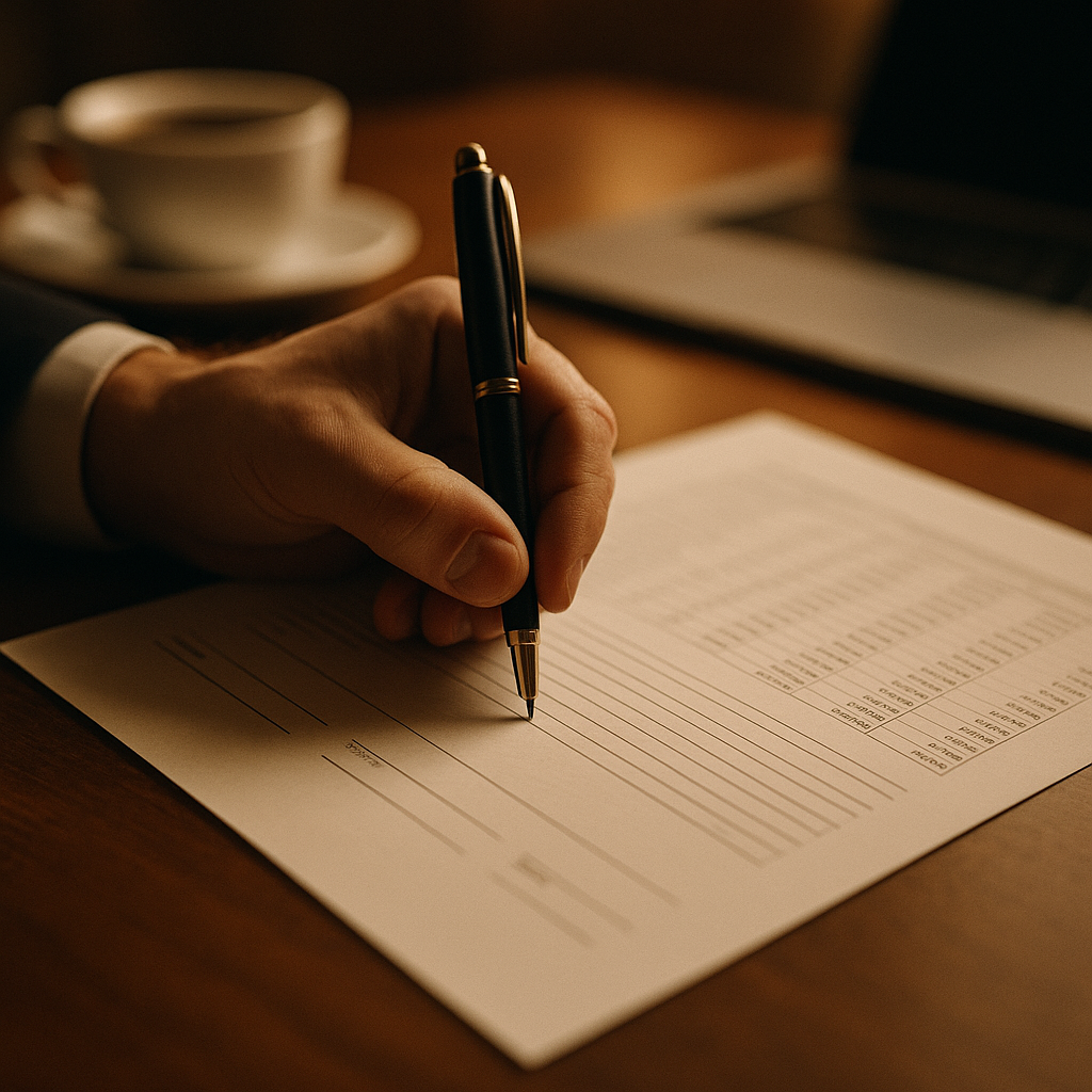 Close-up of a founder signing a co-founder equity split UK startup shareholder agreement document
