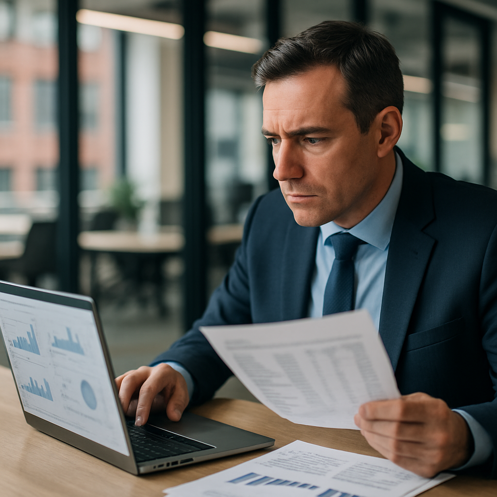 Business professional reviewing how to read Companies House filings UK on a laptop in a modern office