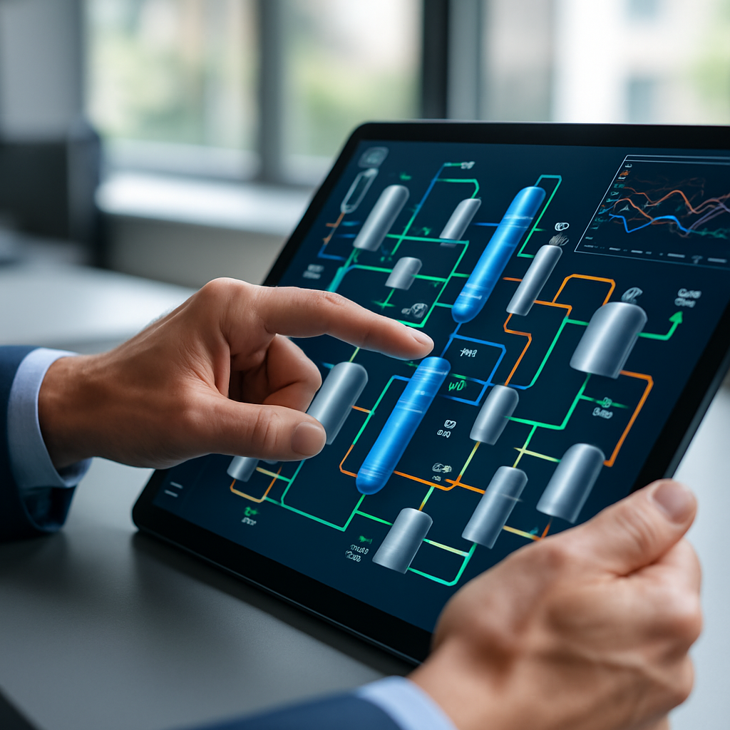 Close-up of digital twin technology interface showing process simulation data on a touchscreen