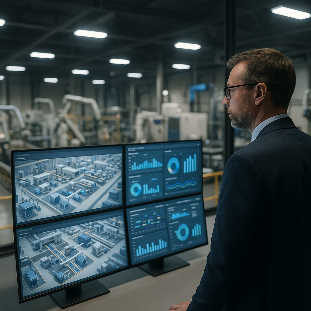 Operations manager reviewing digital twin technology simulation in a UK manufacturing control room
