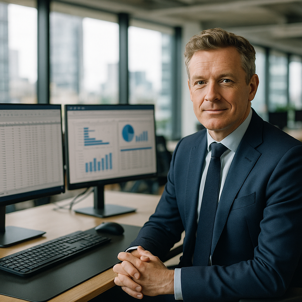 UK founder reviewing ONS data for business decisions on dual monitors in a modern London office