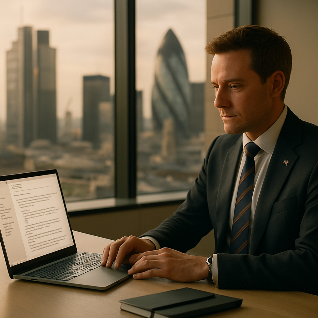 UK professional using a personal knowledge management system at a London office desk